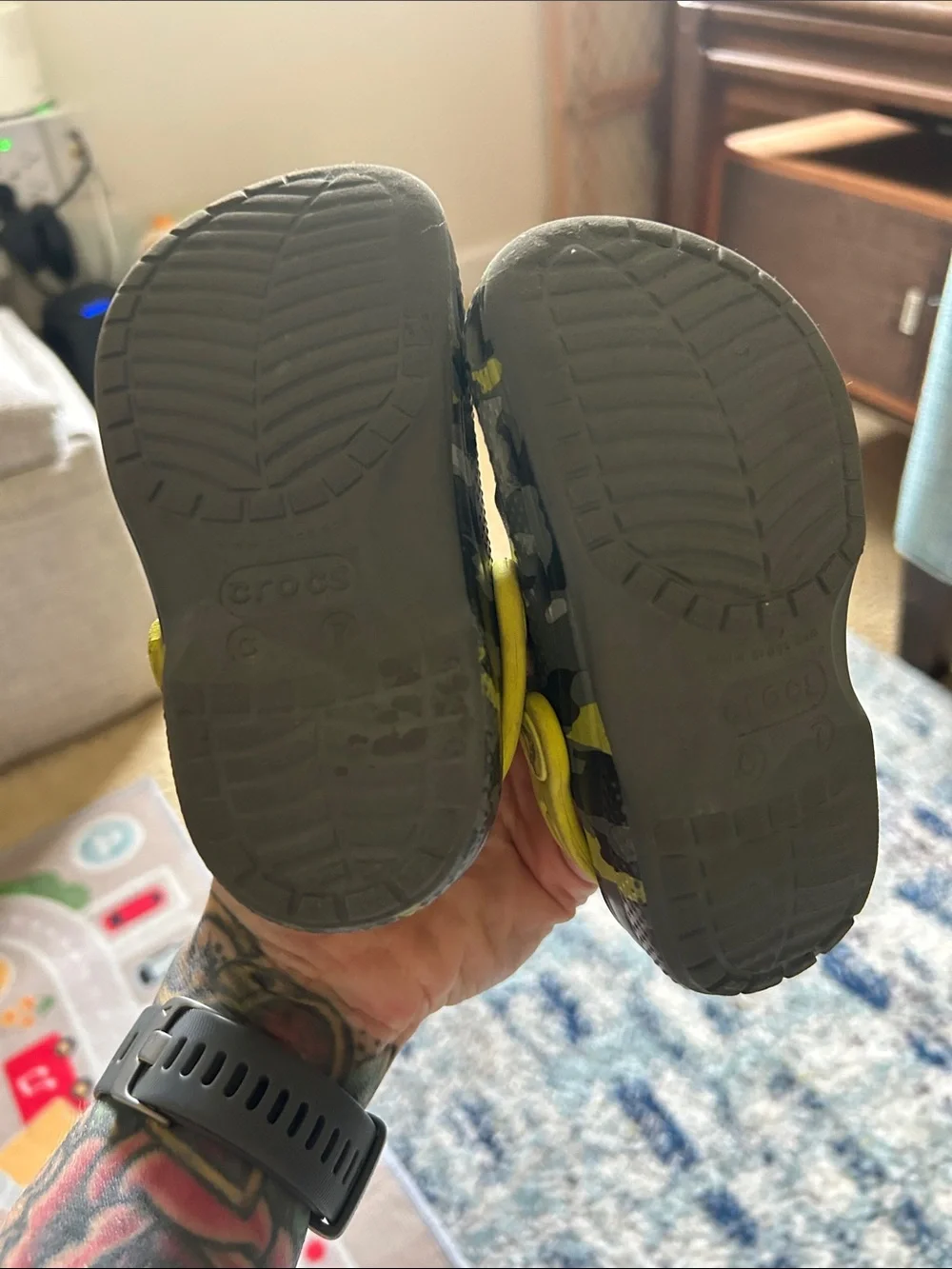 CROCS Kids Gray Camo Clogs with Yellow Strap Accents